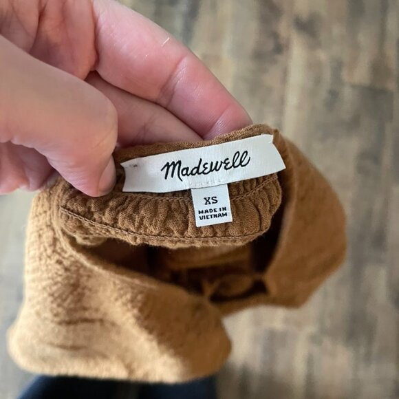 Madewell Brown Crinkled Peplum Blouse XS Long Sleeve Textured Tie-Back Top - Picture 8 of 9